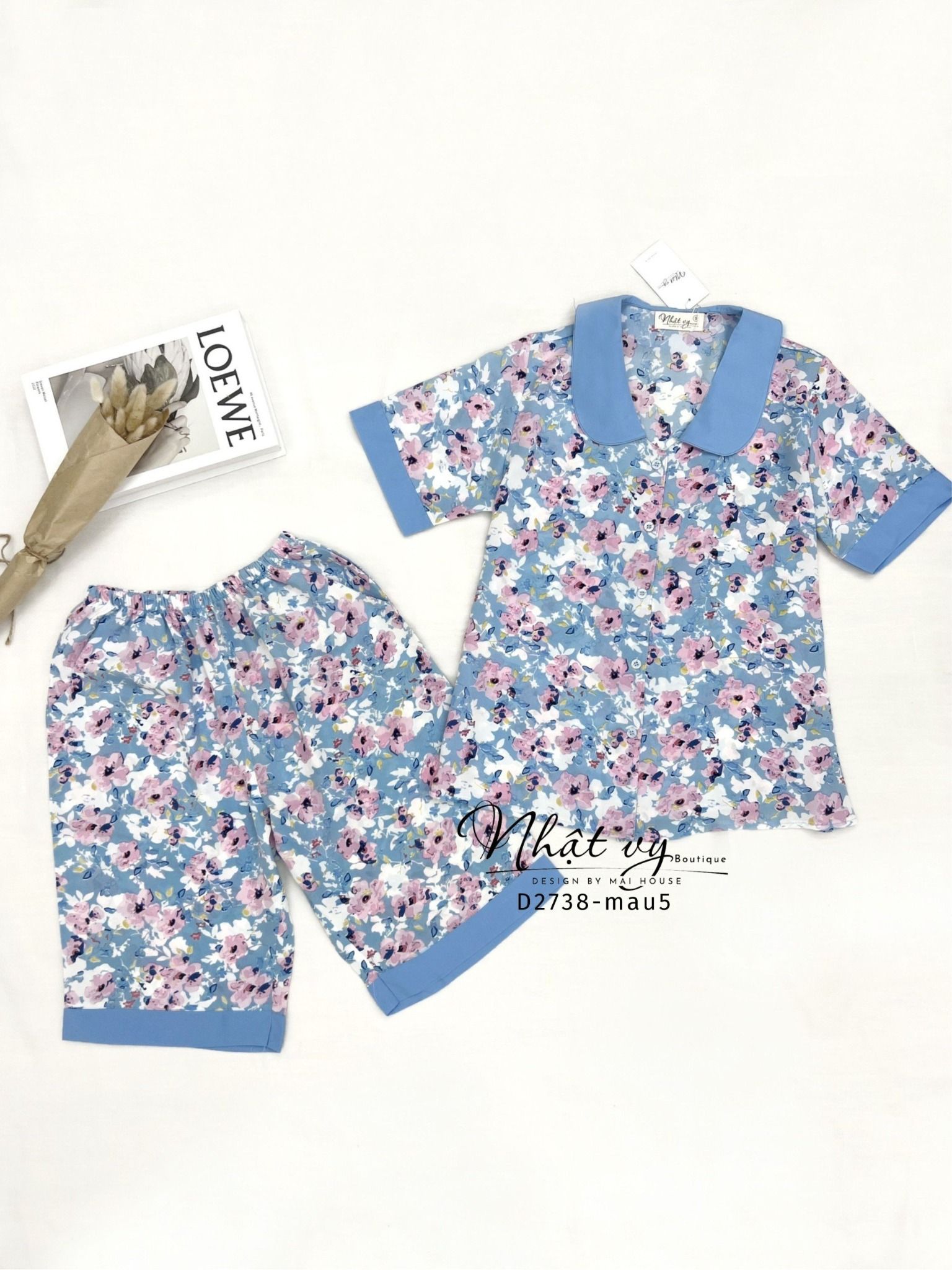 Set bộ lửng họa tiết phối cổ sen - D2738