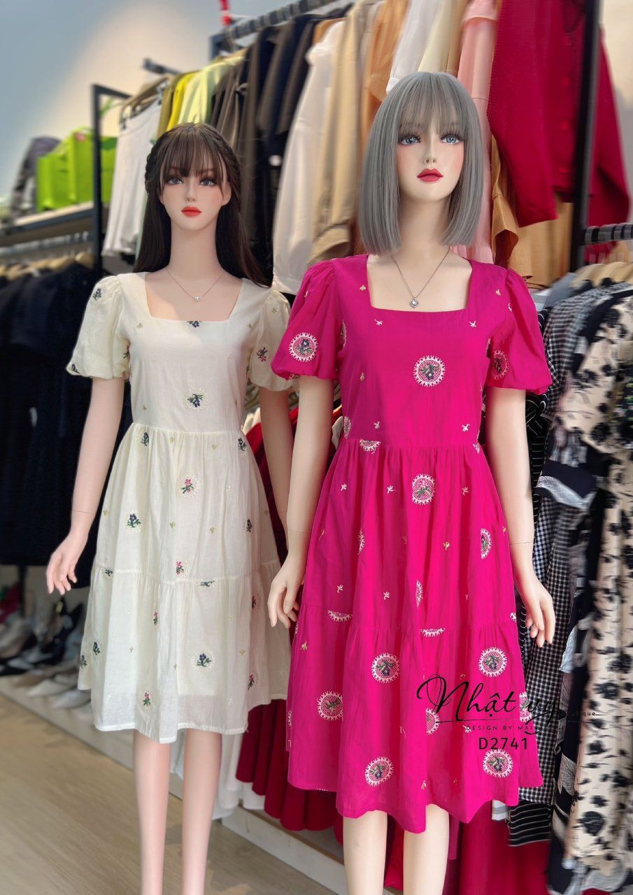 Đầm babydoll tay bí cổ vuông - D2741