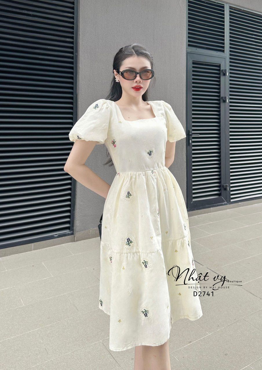 Đầm babydoll tay bí cổ vuông - D2741
