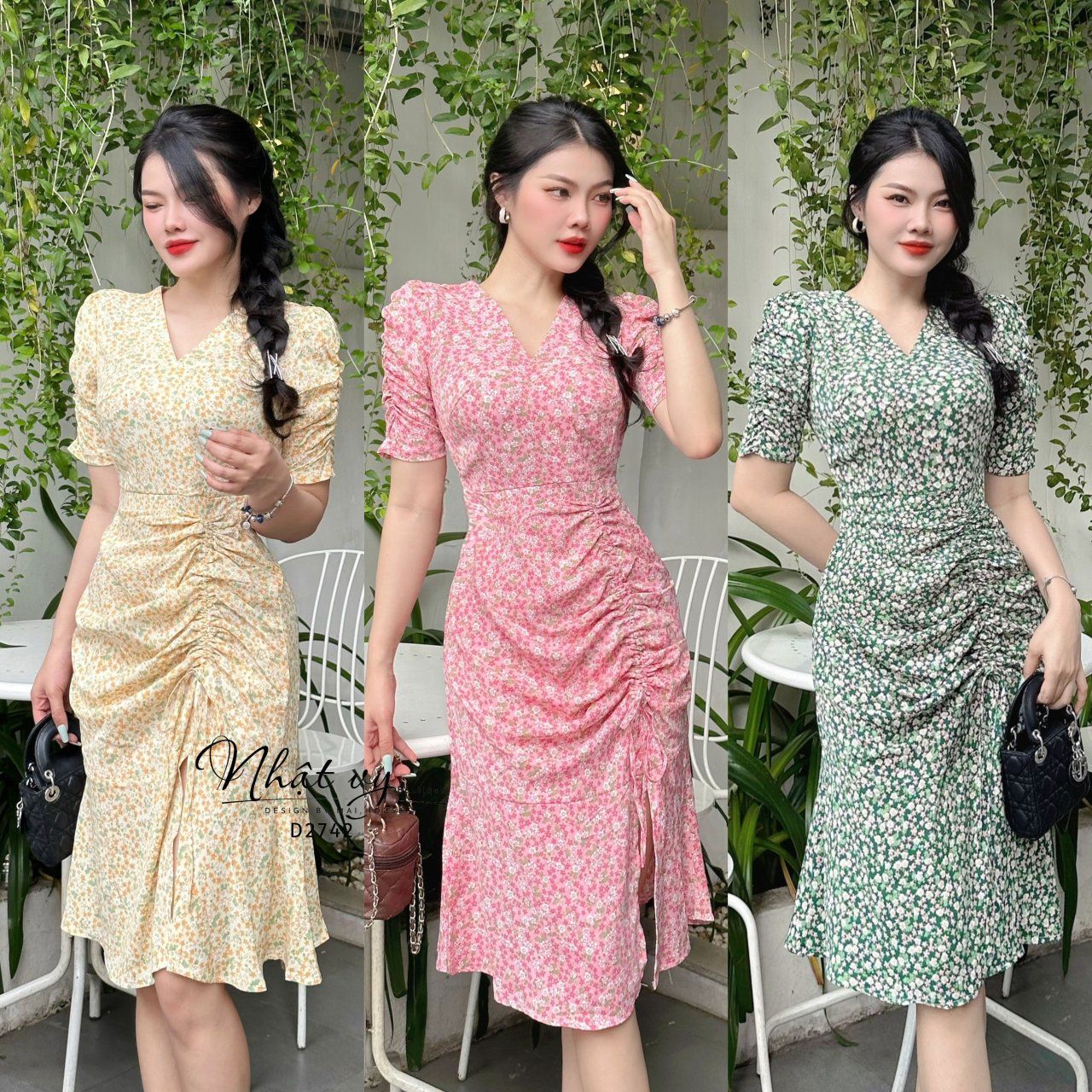Đầm hoa cổ V dây rút nhún eo bên sườn - D2742