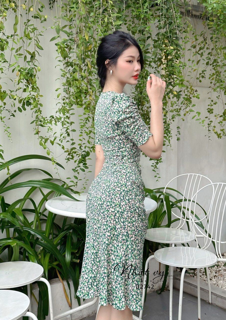 Đầm hoa cổ V dây rút nhún eo bên sườn - D2742