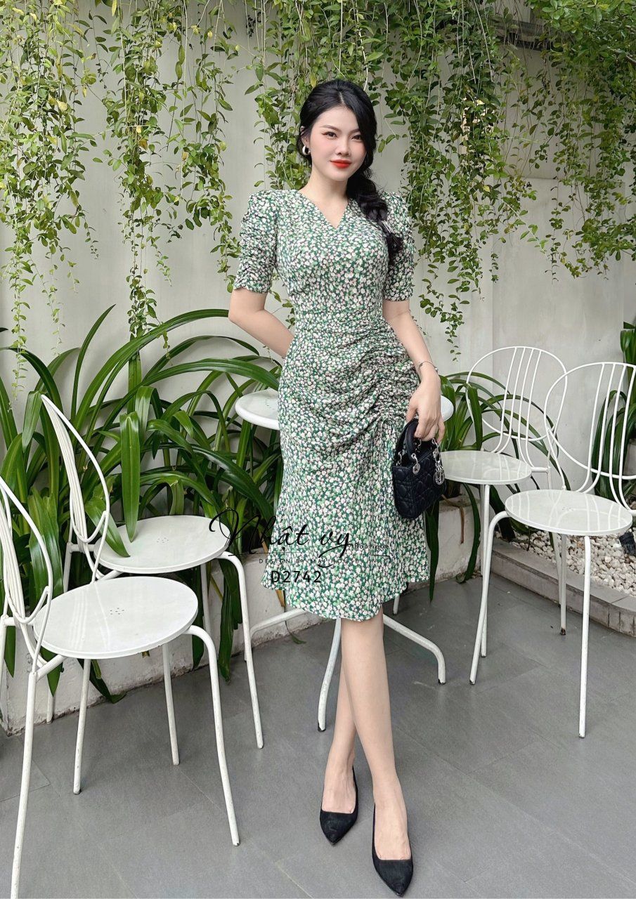 Đầm hoa cổ V dây rút nhún eo bên sườn - D2742