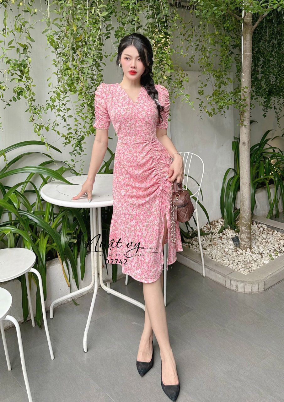 Đầm hoa cổ V dây rút nhún eo bên sườn - D2742