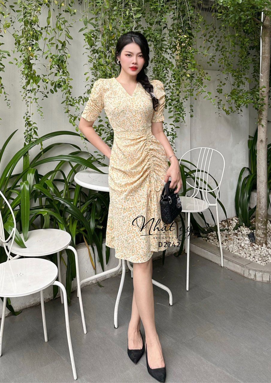 Đầm hoa cổ V dây rút nhún eo bên sườn - D2742