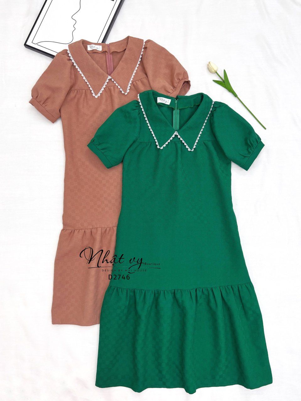 Đầm suông cổ bèo viền ren đuôi cá - D2746