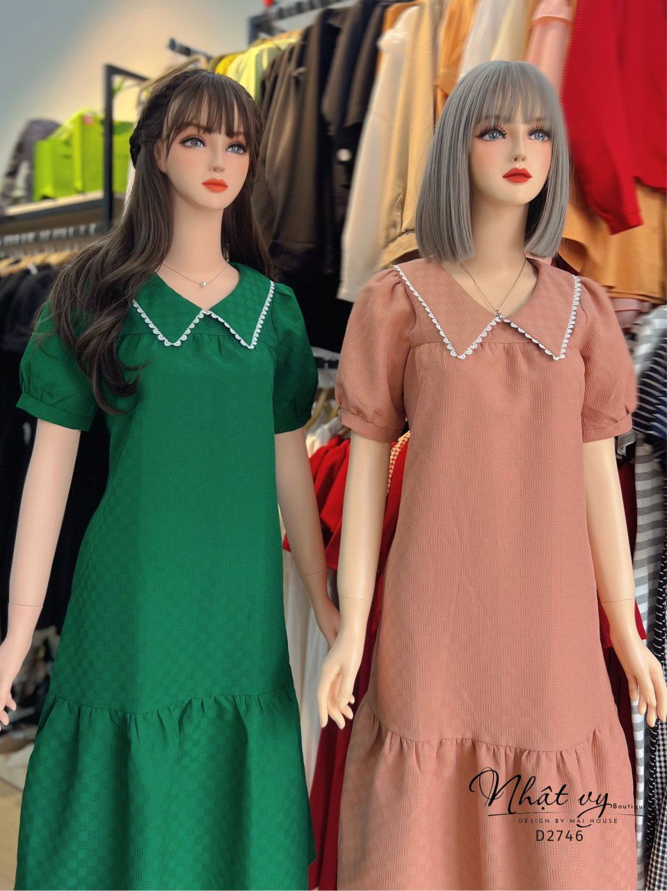 Đầm suông cổ bèo viền ren đuôi cá - D2746