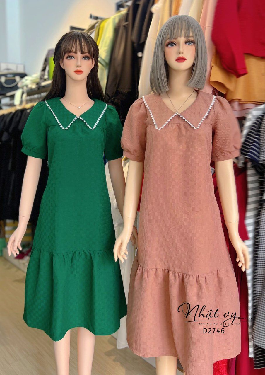 Đầm suông cổ bèo viền ren đuôi cá - D2746