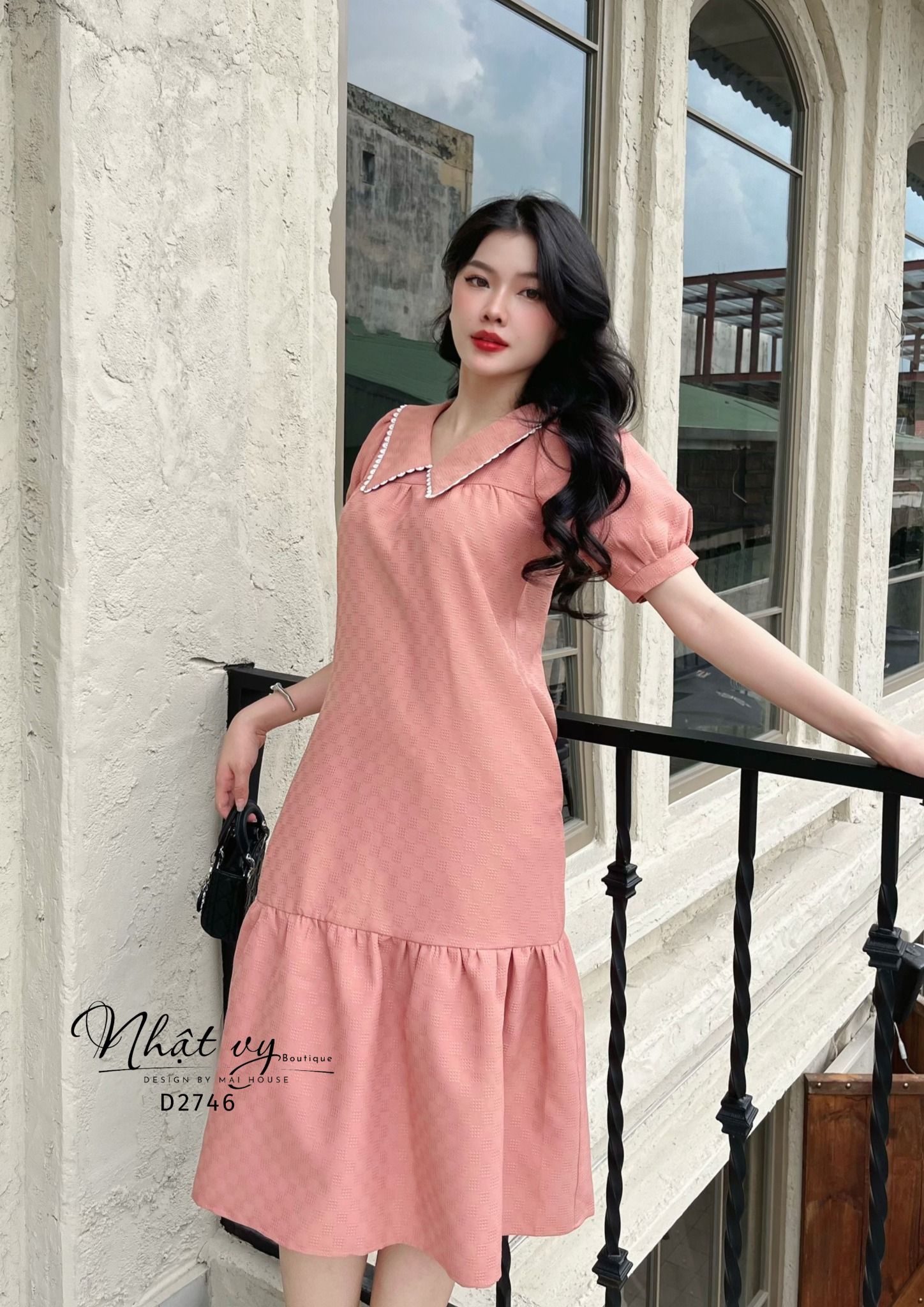 Đầm suông cổ bèo viền ren đuôi cá - D2746