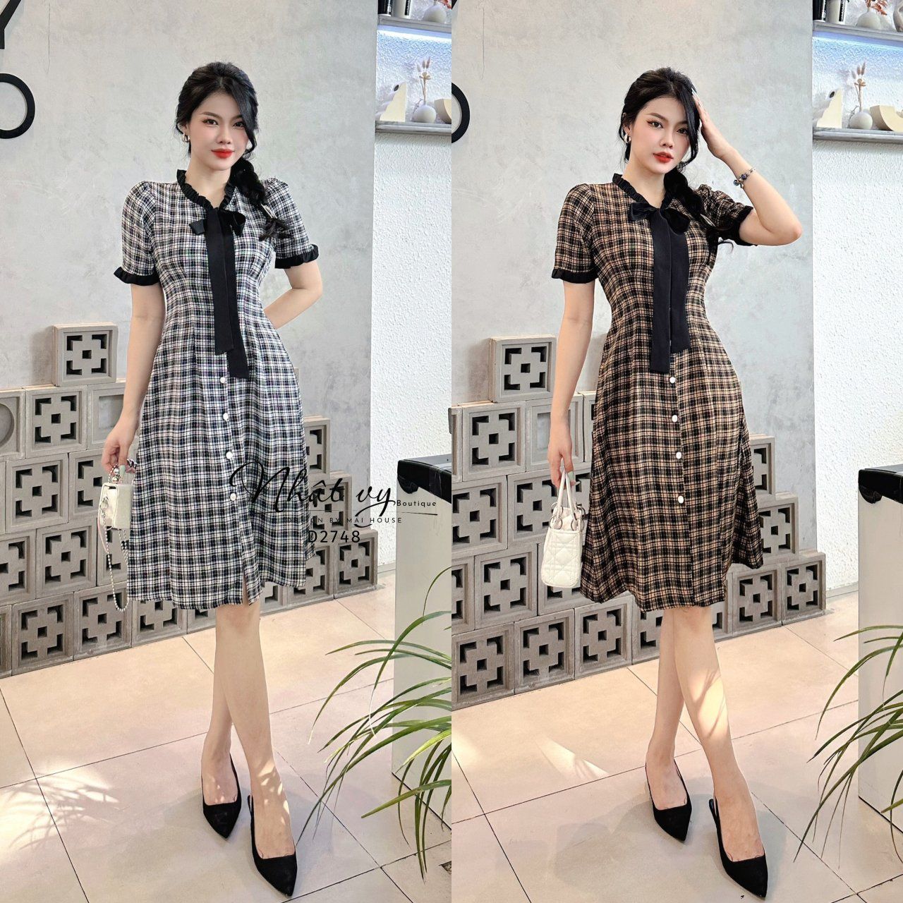 Đầm caro chiết ben ngực phối bèo cổ - D2748