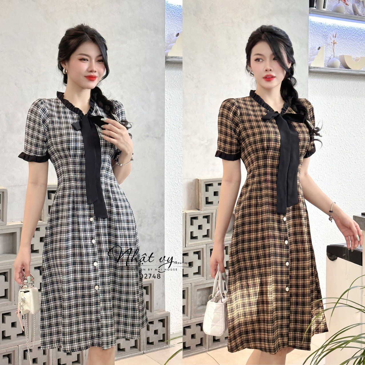 Đầm caro chiết ben ngực phối bèo cổ - D2748