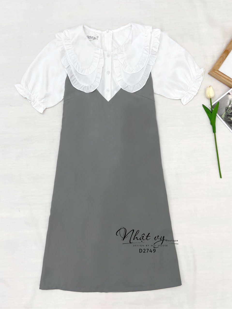 Đầm suông cổ bèo 2 lớp tay bo thun - D2749