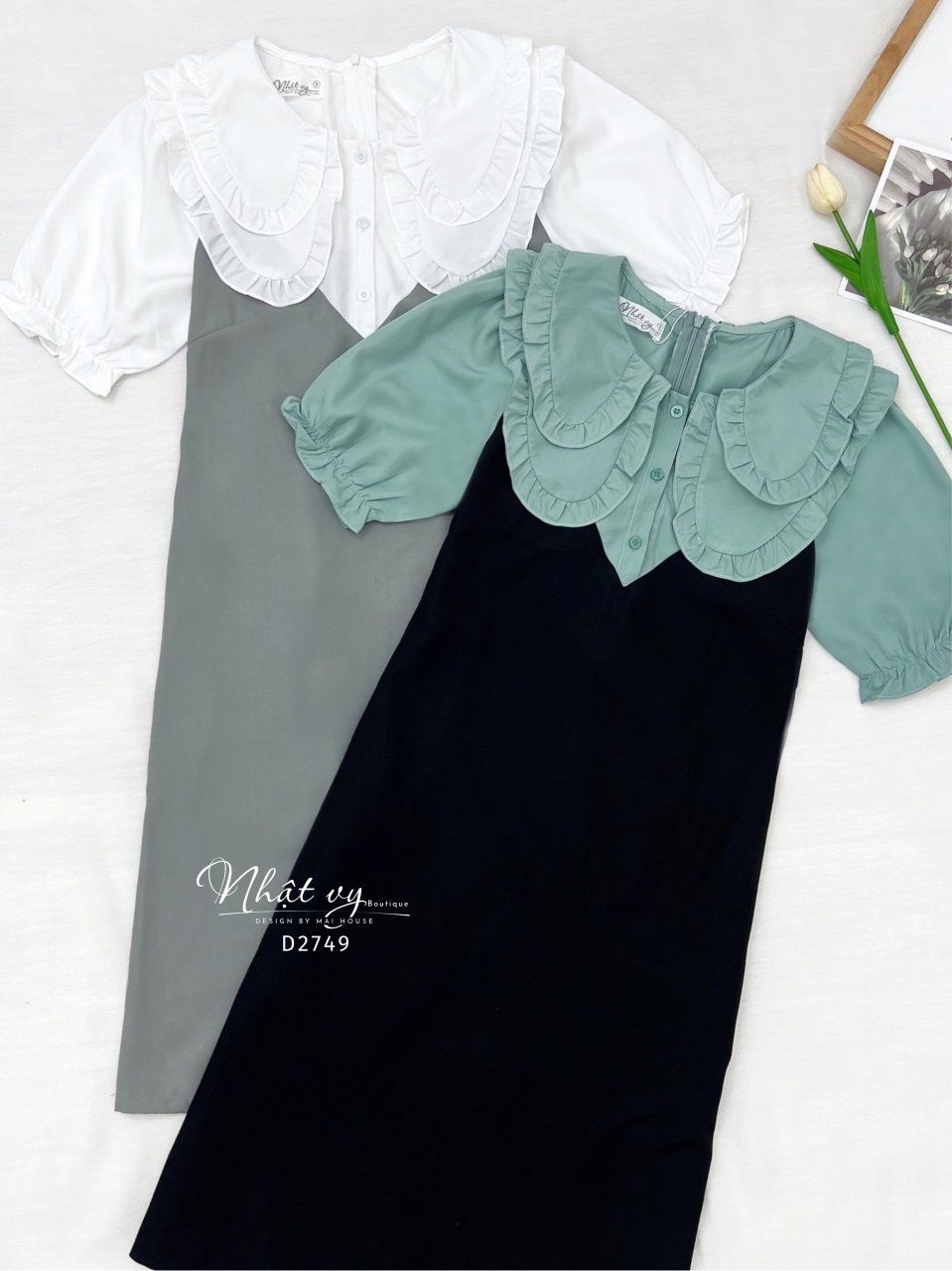 Đầm suông cổ bèo 2 lớp tay bo thun - D2749