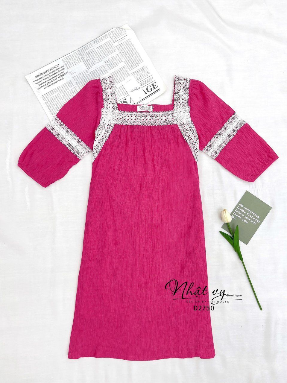 Đầm suông phối viền ren tay lửng - D2750