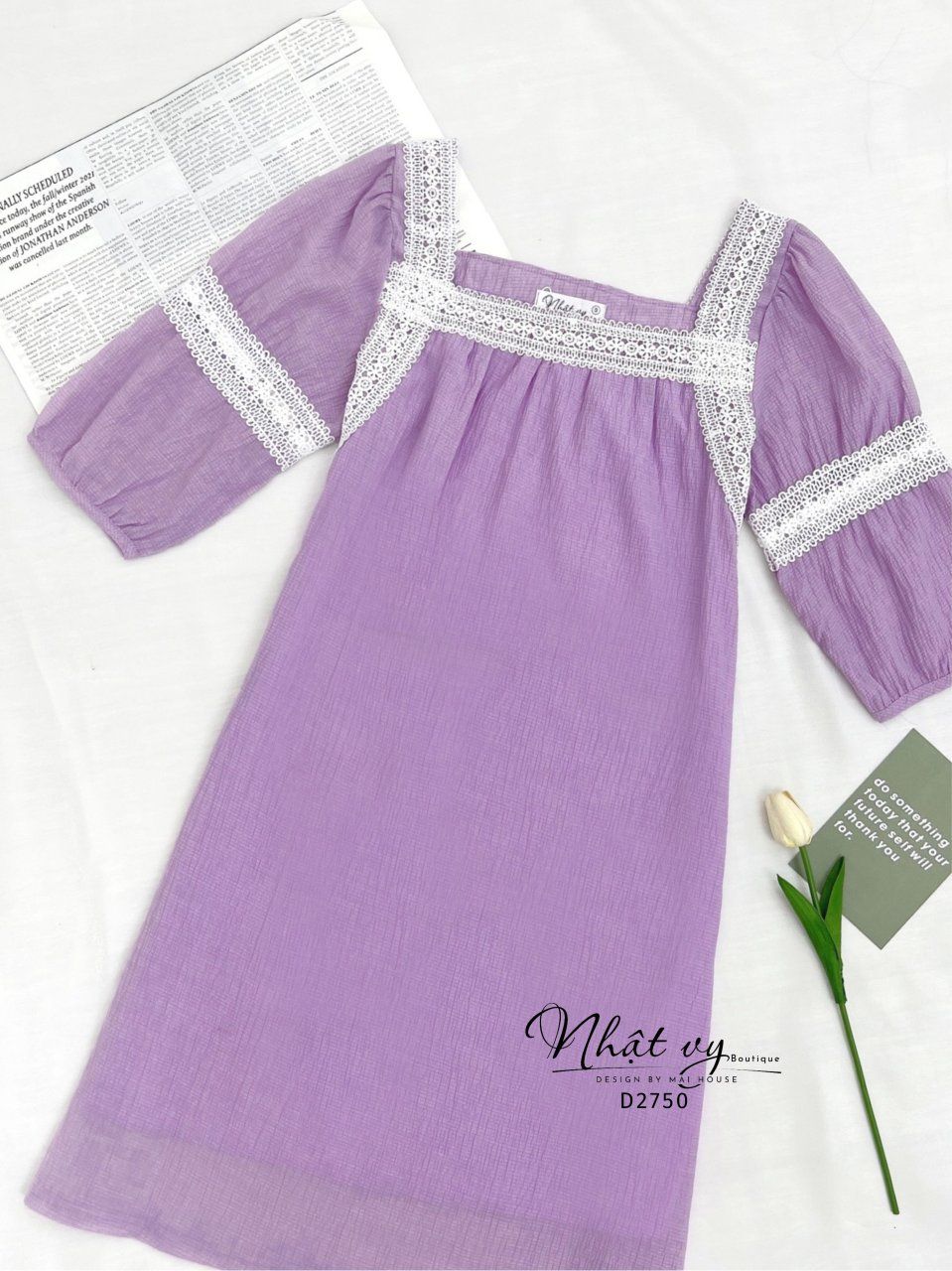 Đầm suông phối viền ren tay lửng - D2750