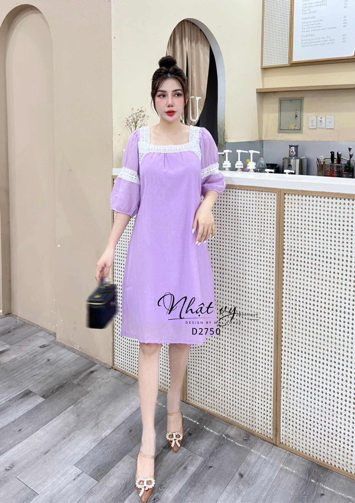 Đầm suông phối viền ren tay lửng - D2750