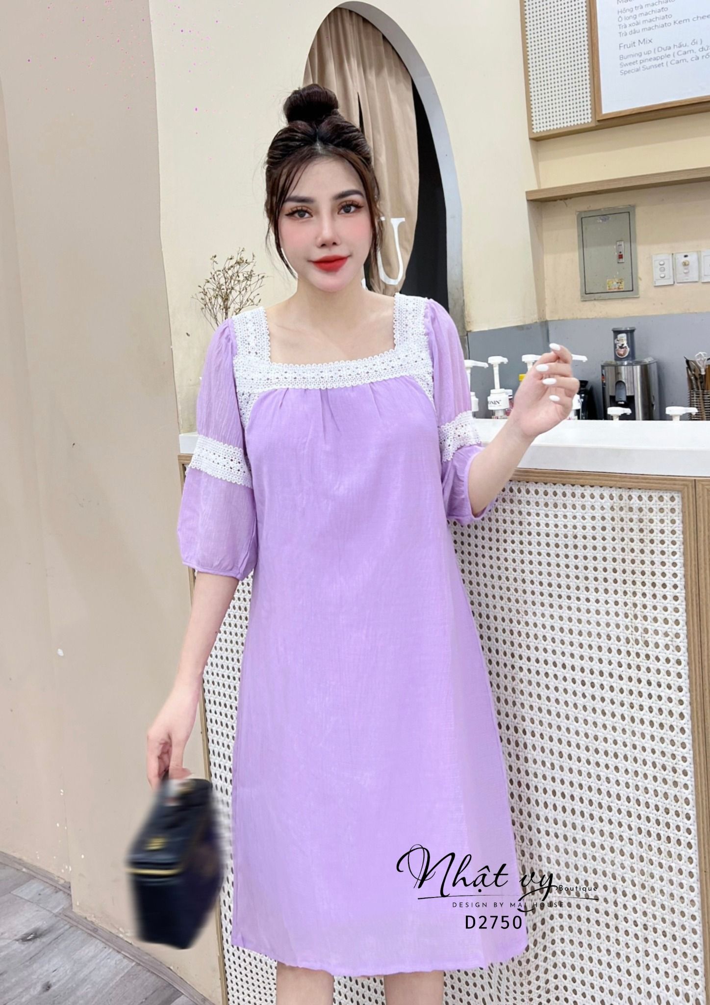 Đầm suông phối viền ren tay lửng - D2750