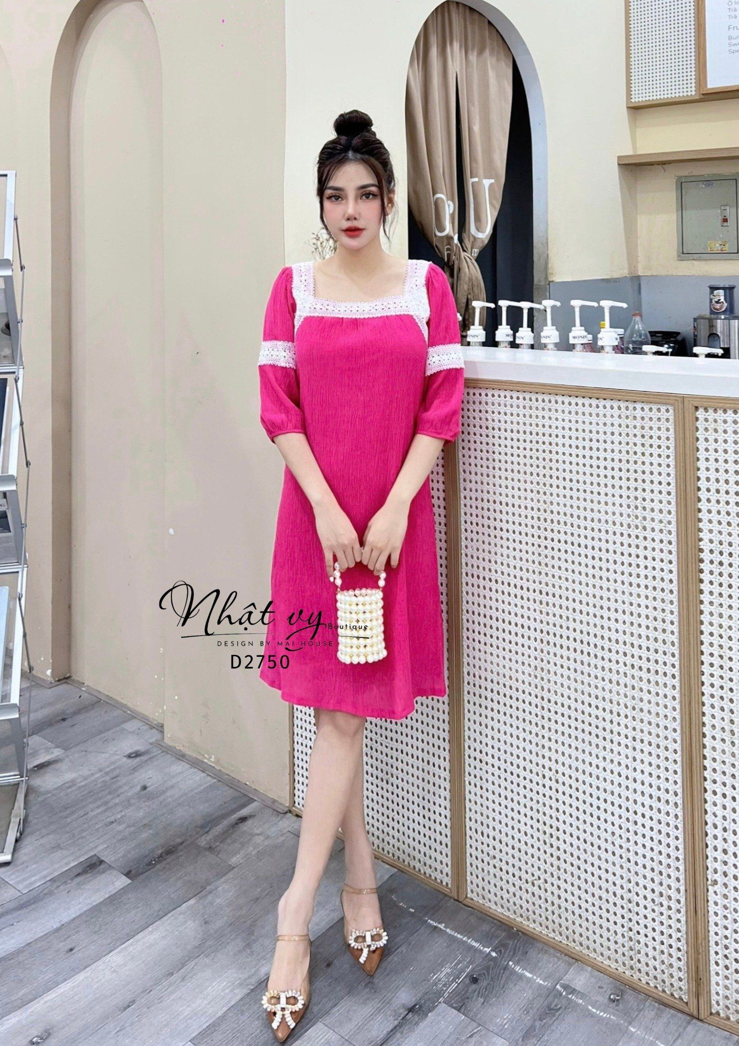 Đầm suông phối viền ren tay lửng - D2750