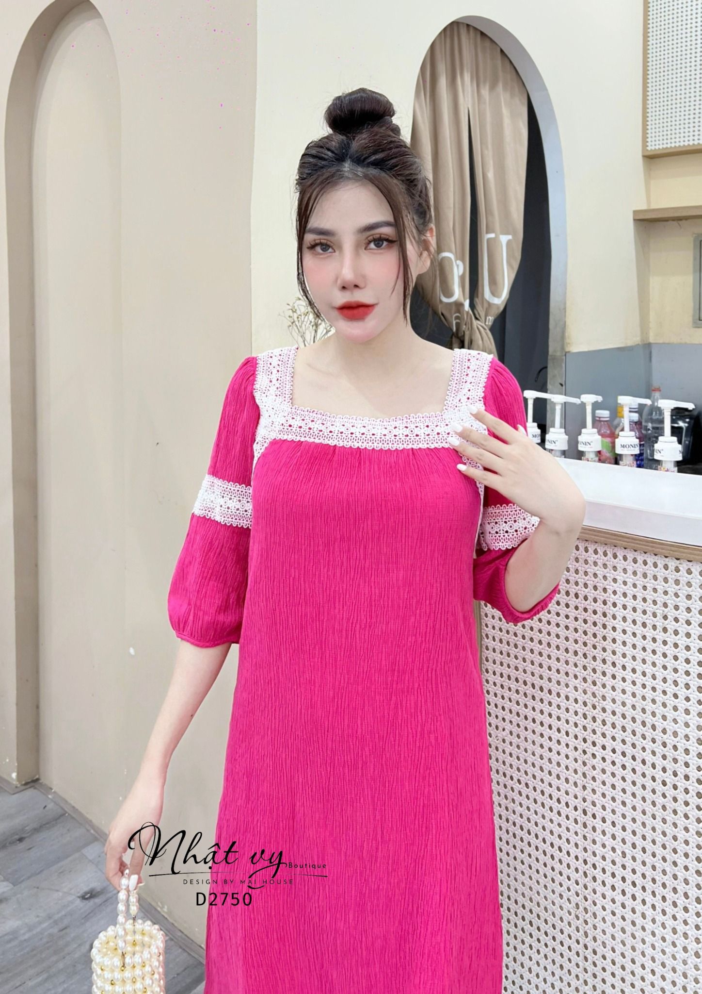 Đầm suông phối viền ren tay lửng - D2750