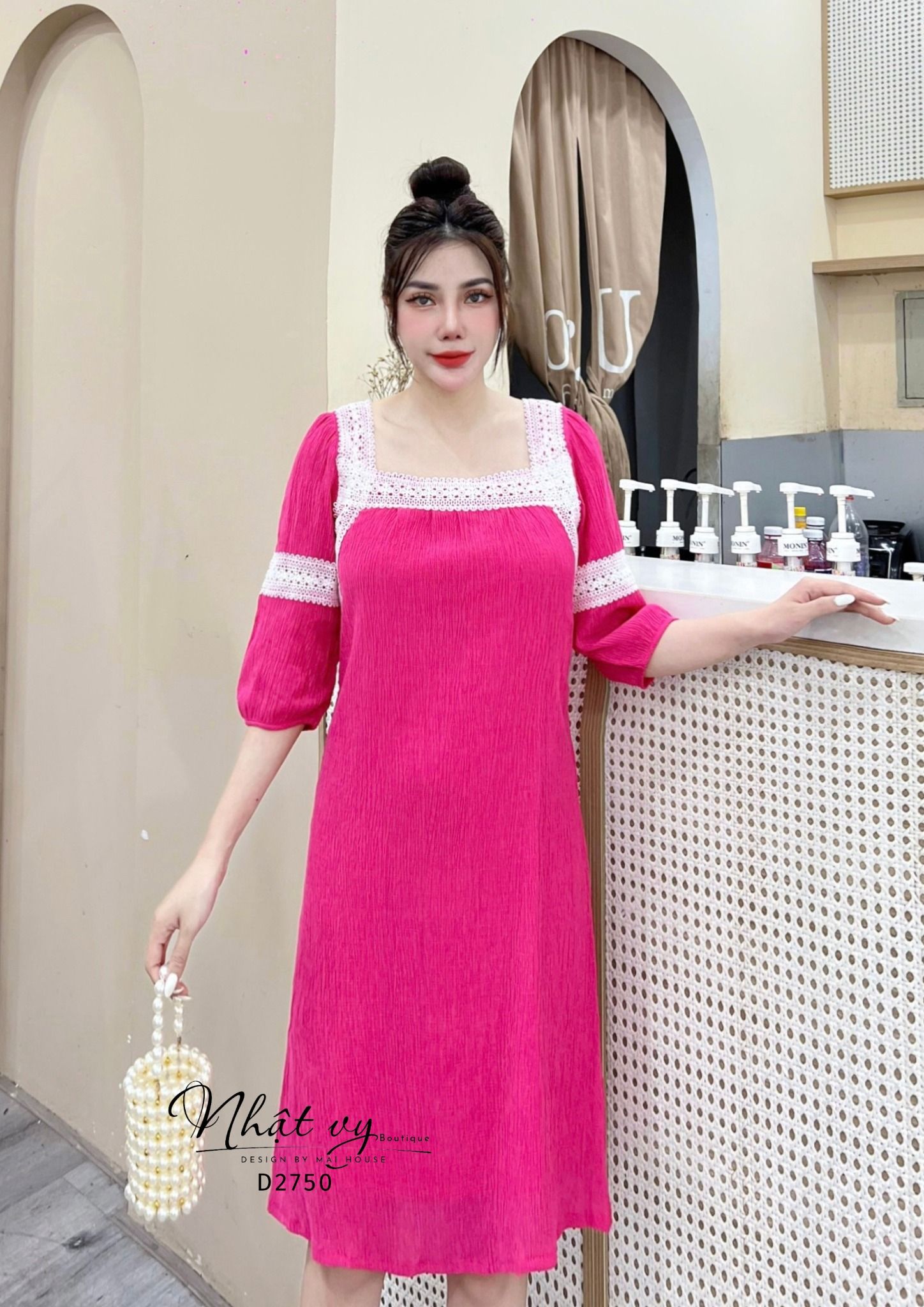 Đầm suông phối viền ren tay lửng - D2750