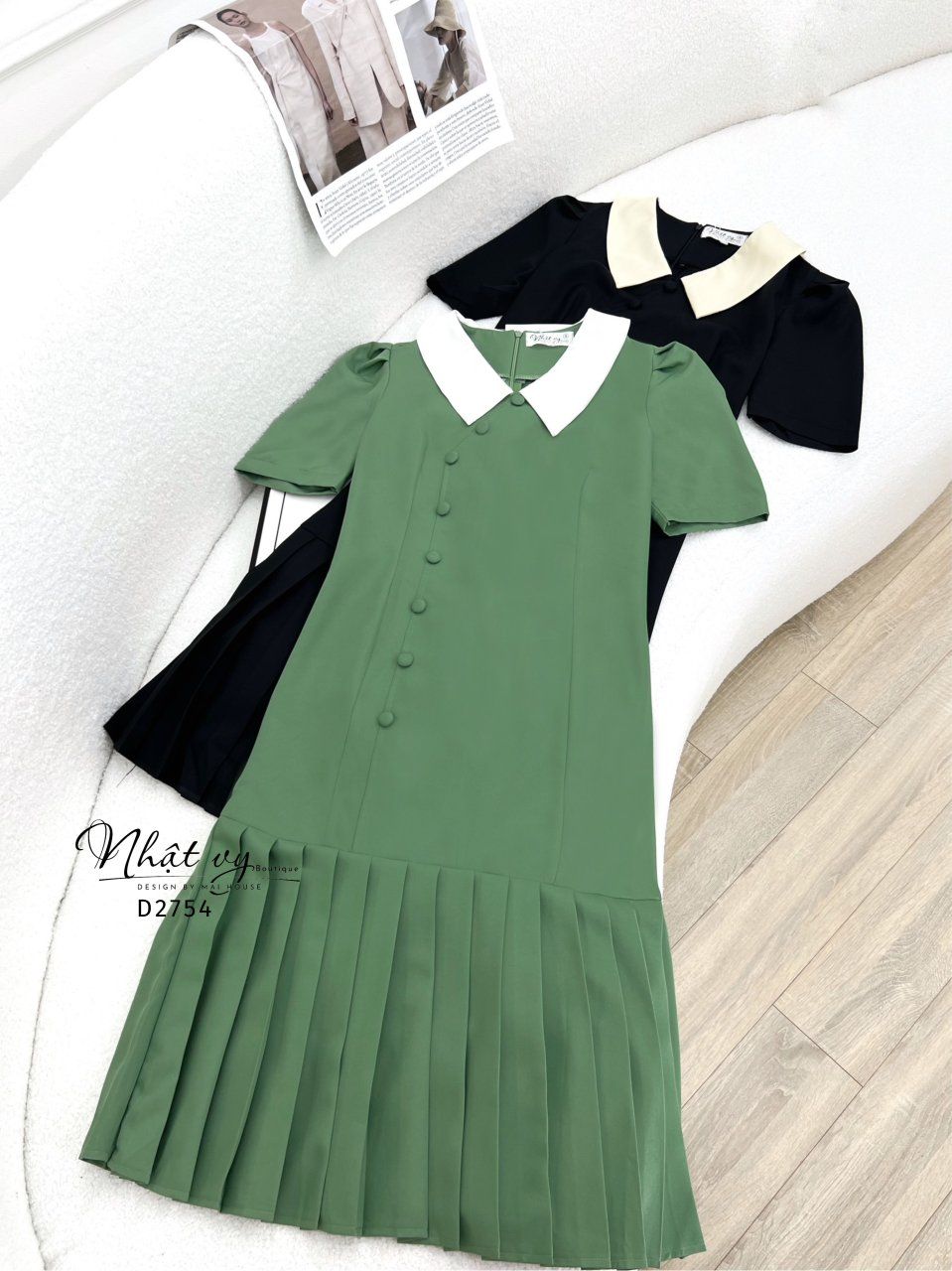 Đầm xốp dáng ôm cổ V đính cúc giả - D2754