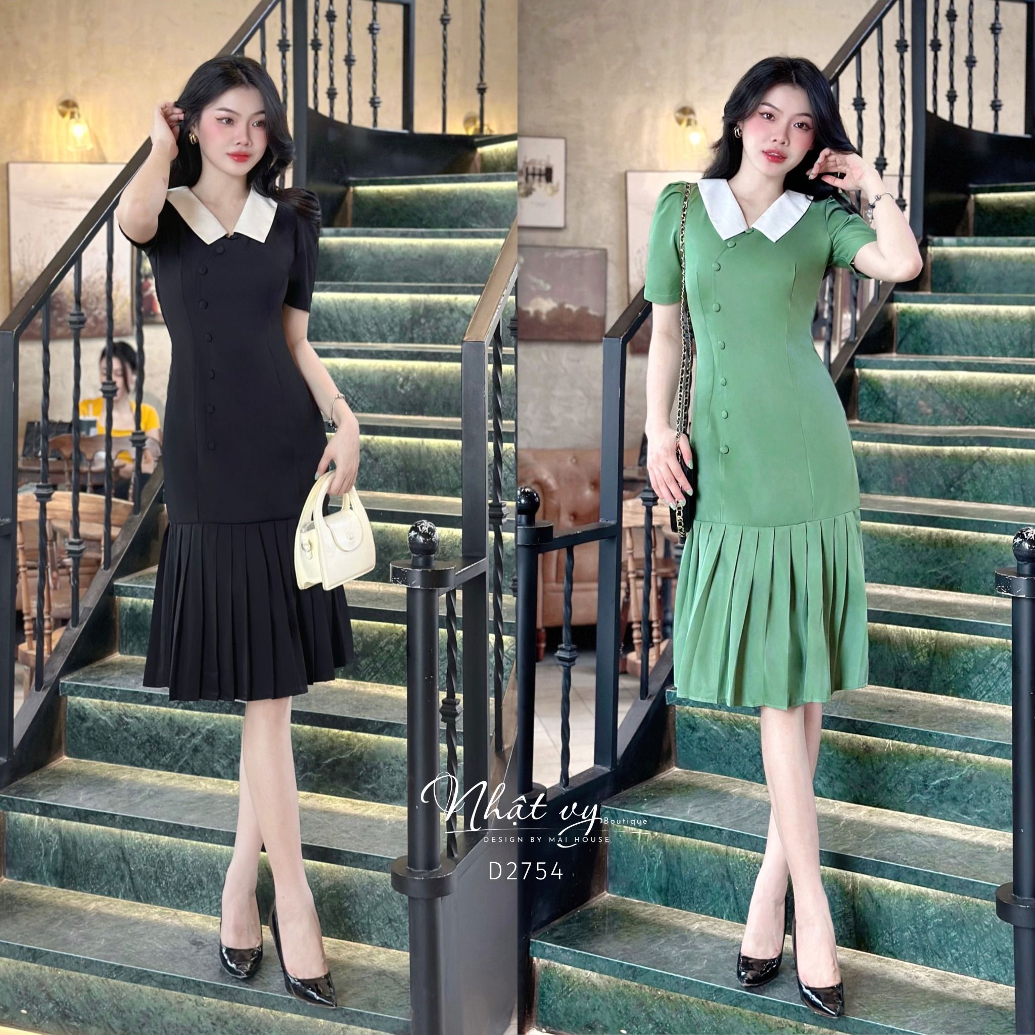 Đầm xốp dáng ôm cổ V đính cúc giả - D2754