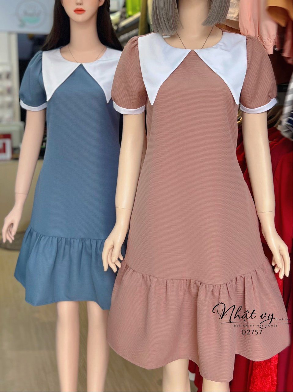 Đầm suông đuôi cá cổ tròn phối bèo cổ - D2757