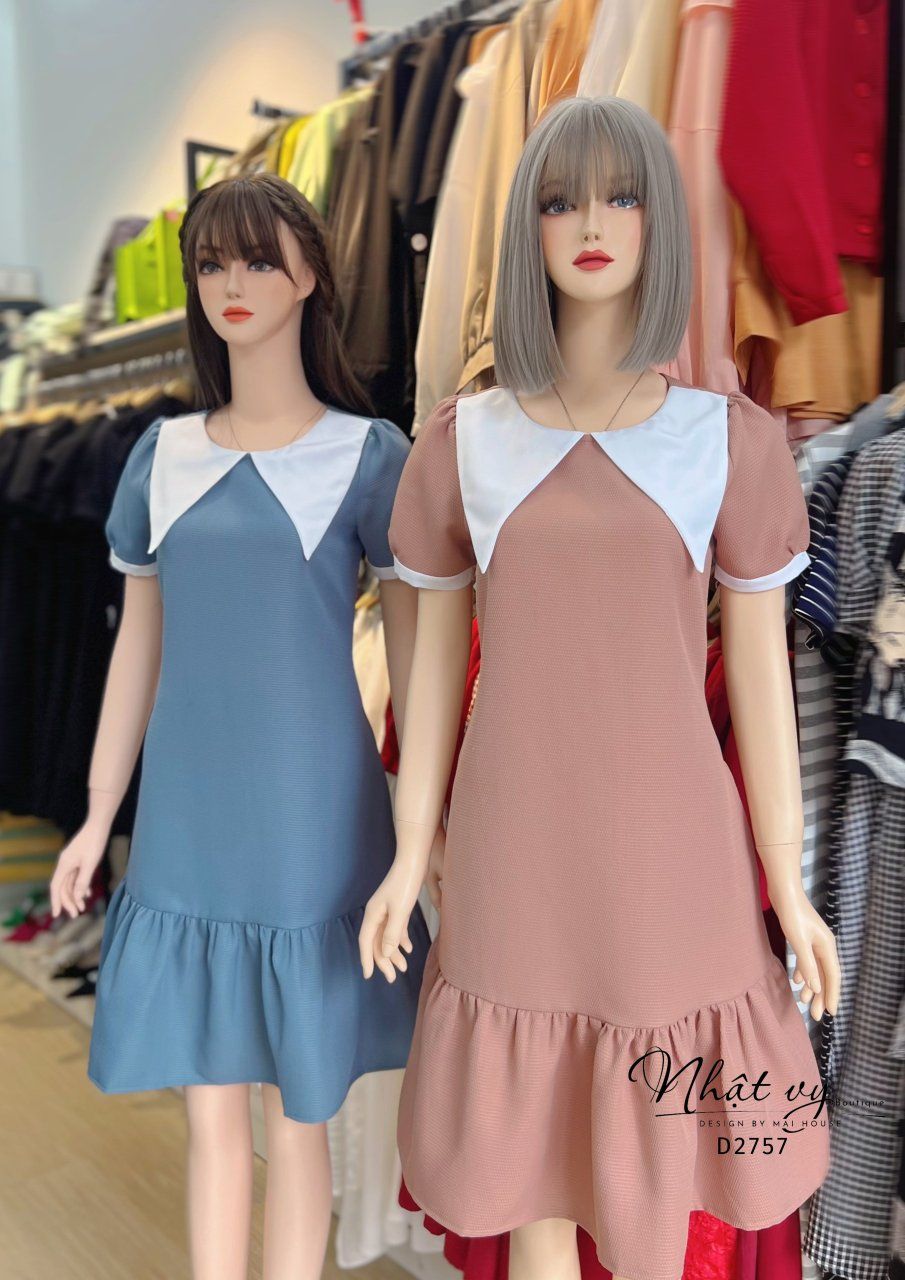 Đầm suông đuôi cá cổ tròn phối bèo cổ - D2757