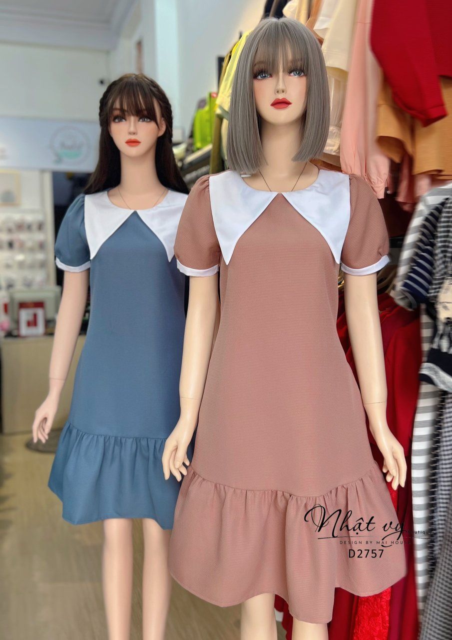 Đầm suông đuôi cá cổ tròn phối bèo cổ - D2757
