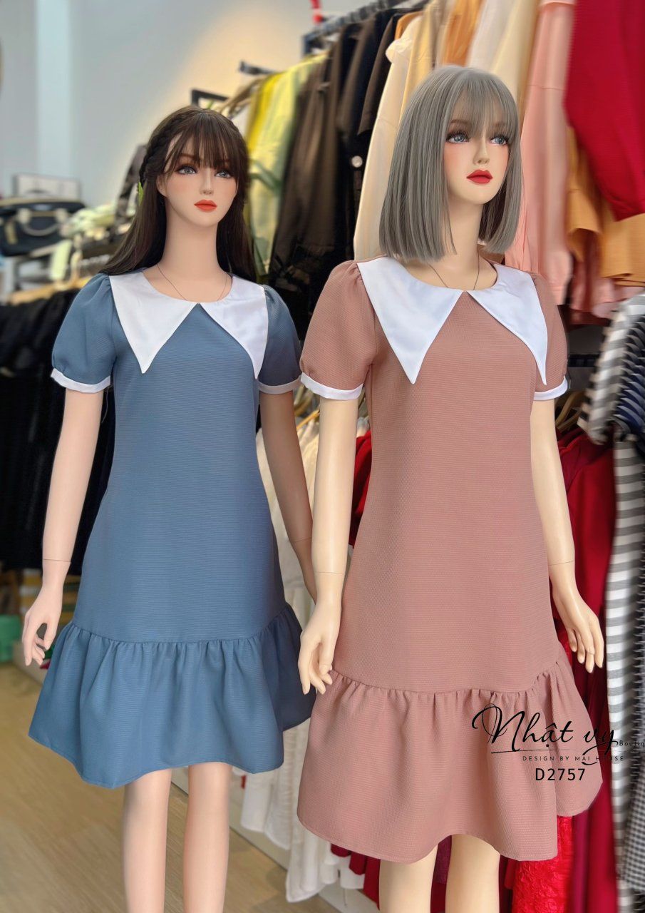 Đầm suông đuôi cá cổ tròn phối bèo cổ - D2757