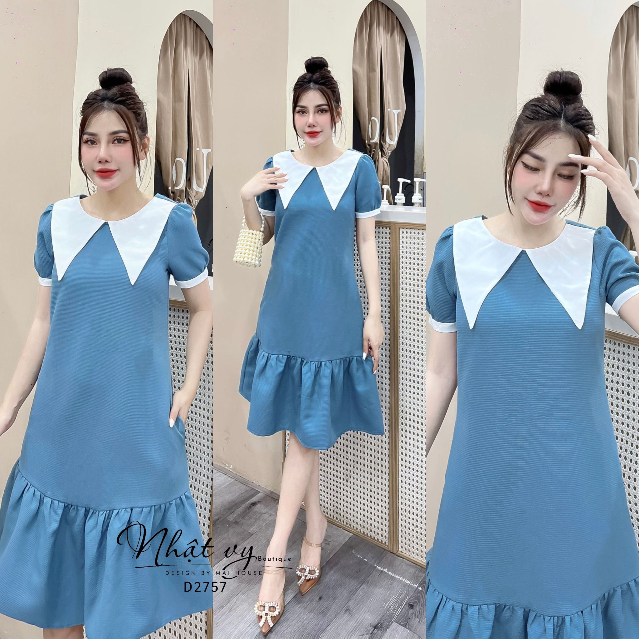Đầm suông đuôi cá cổ tròn phối bèo cổ - D2757
