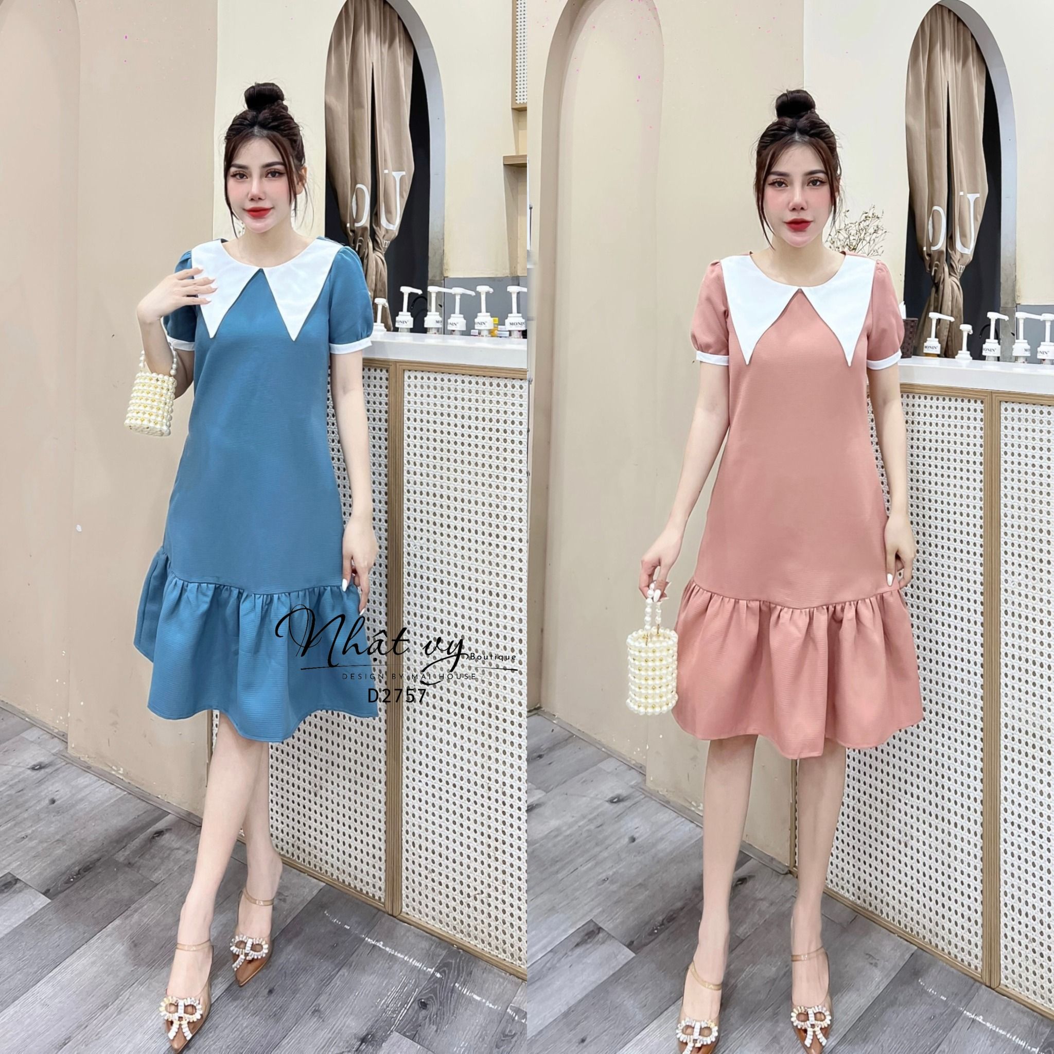 Đầm suông đuôi cá cổ tròn phối bèo cổ - D2757