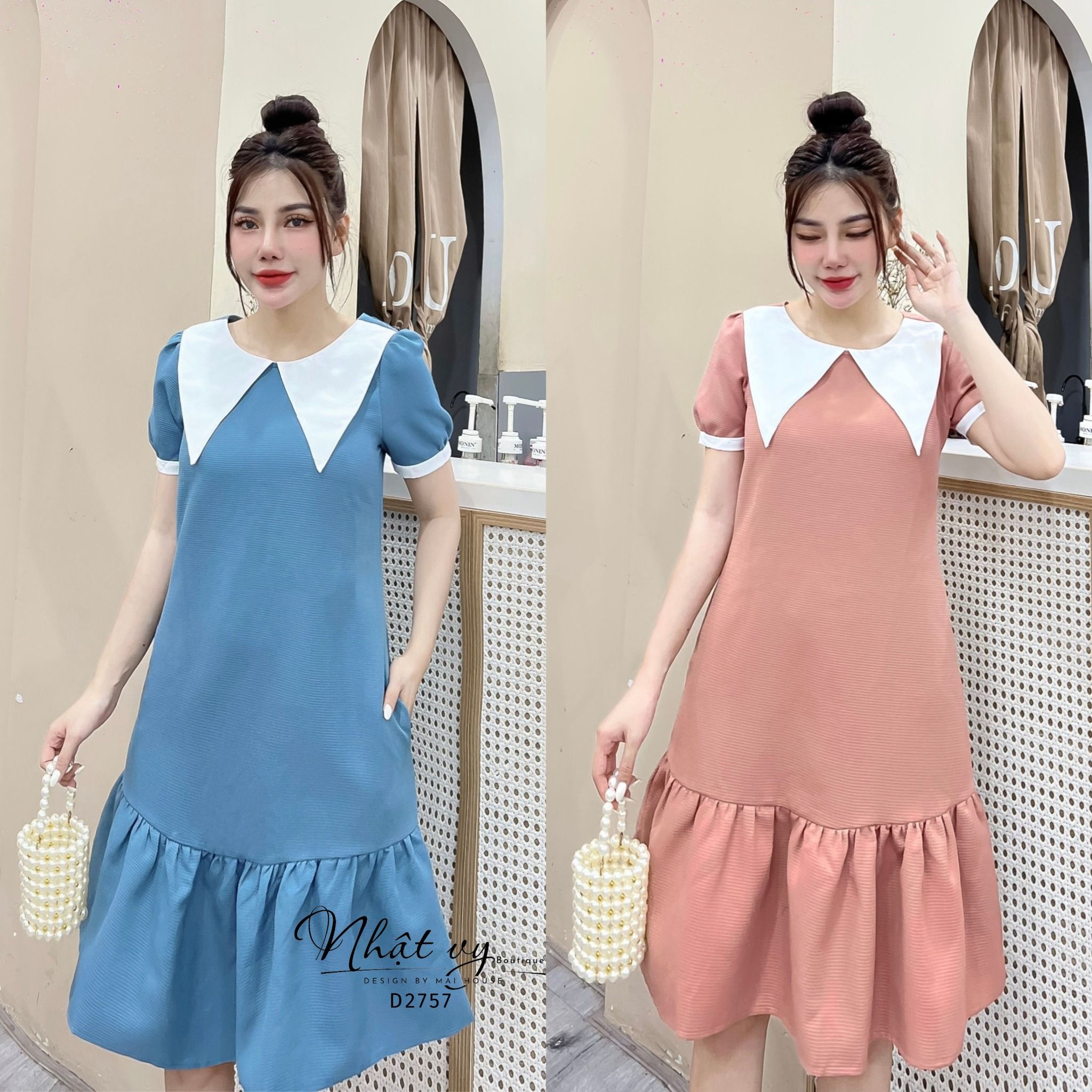 Đầm suông đuôi cá cổ tròn phối bèo cổ - D2757