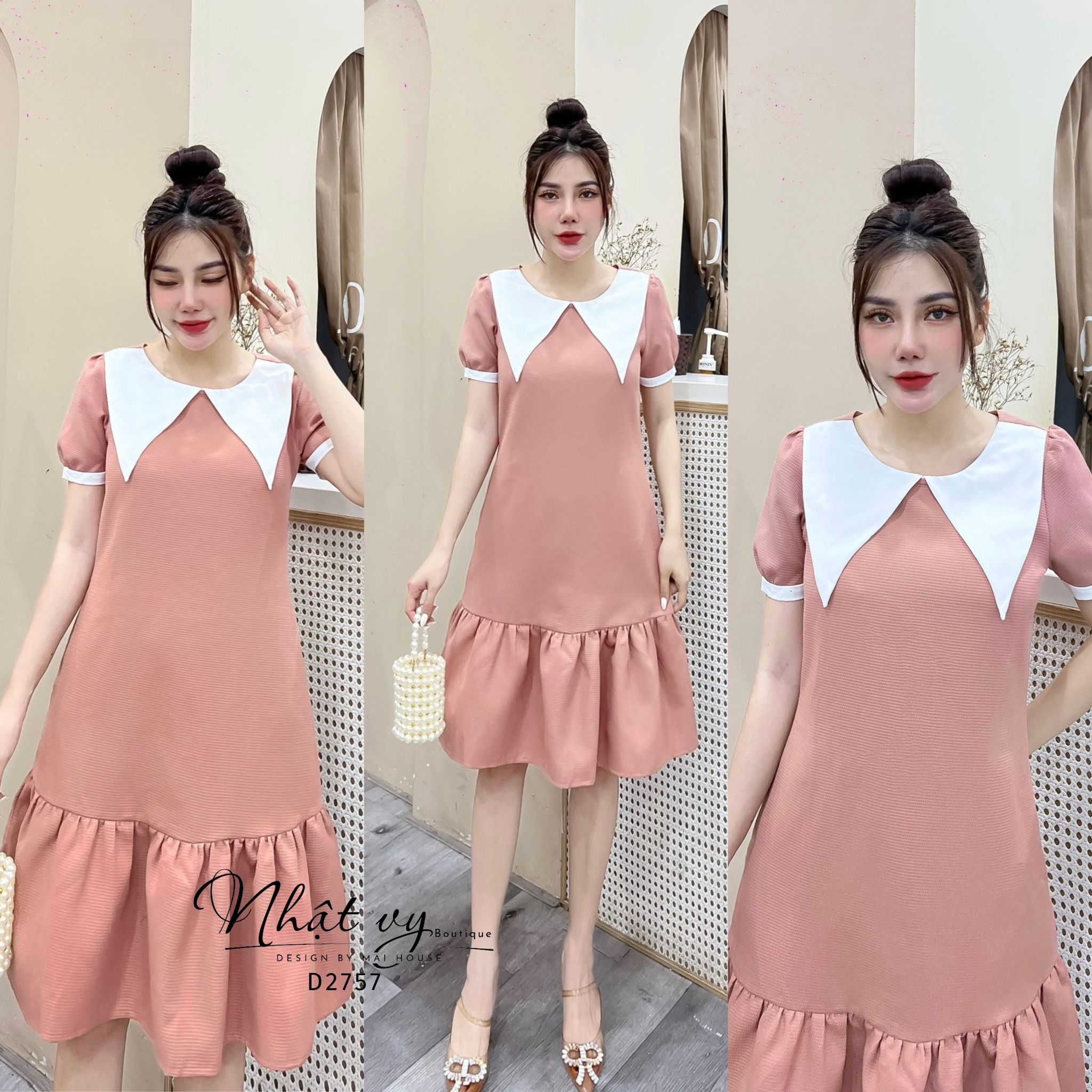 Đầm suông đuôi cá cổ tròn phối bèo cổ - D2757