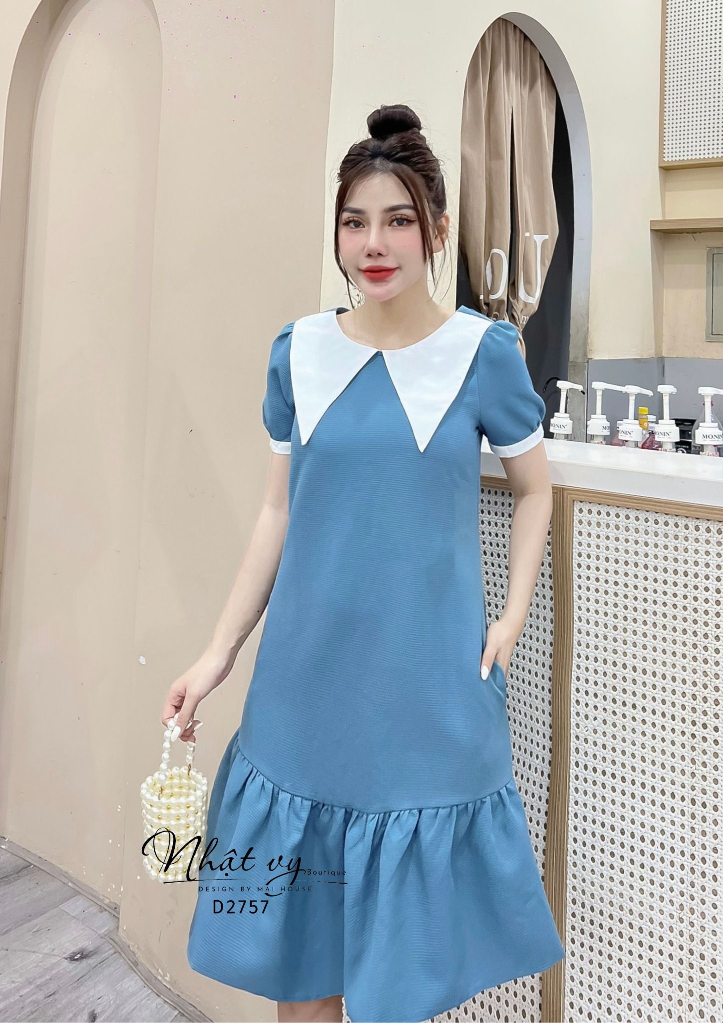 Đầm suông đuôi cá cổ tròn phối bèo cổ - D2757