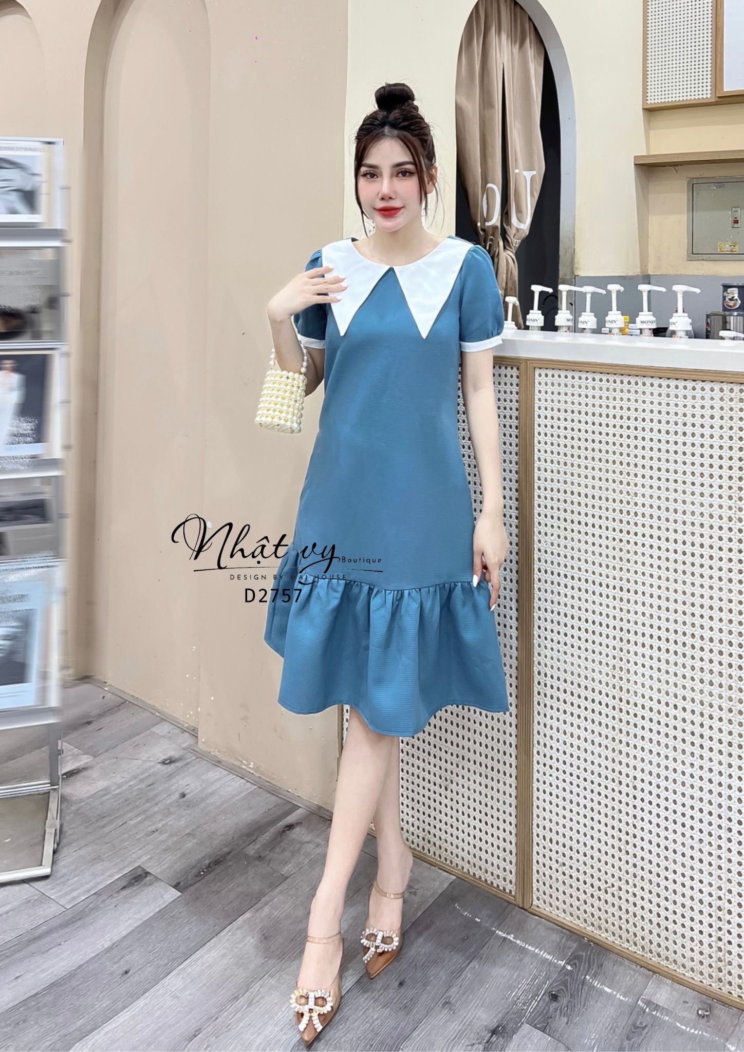 Đầm suông đuôi cá cổ tròn phối bèo cổ - D2757