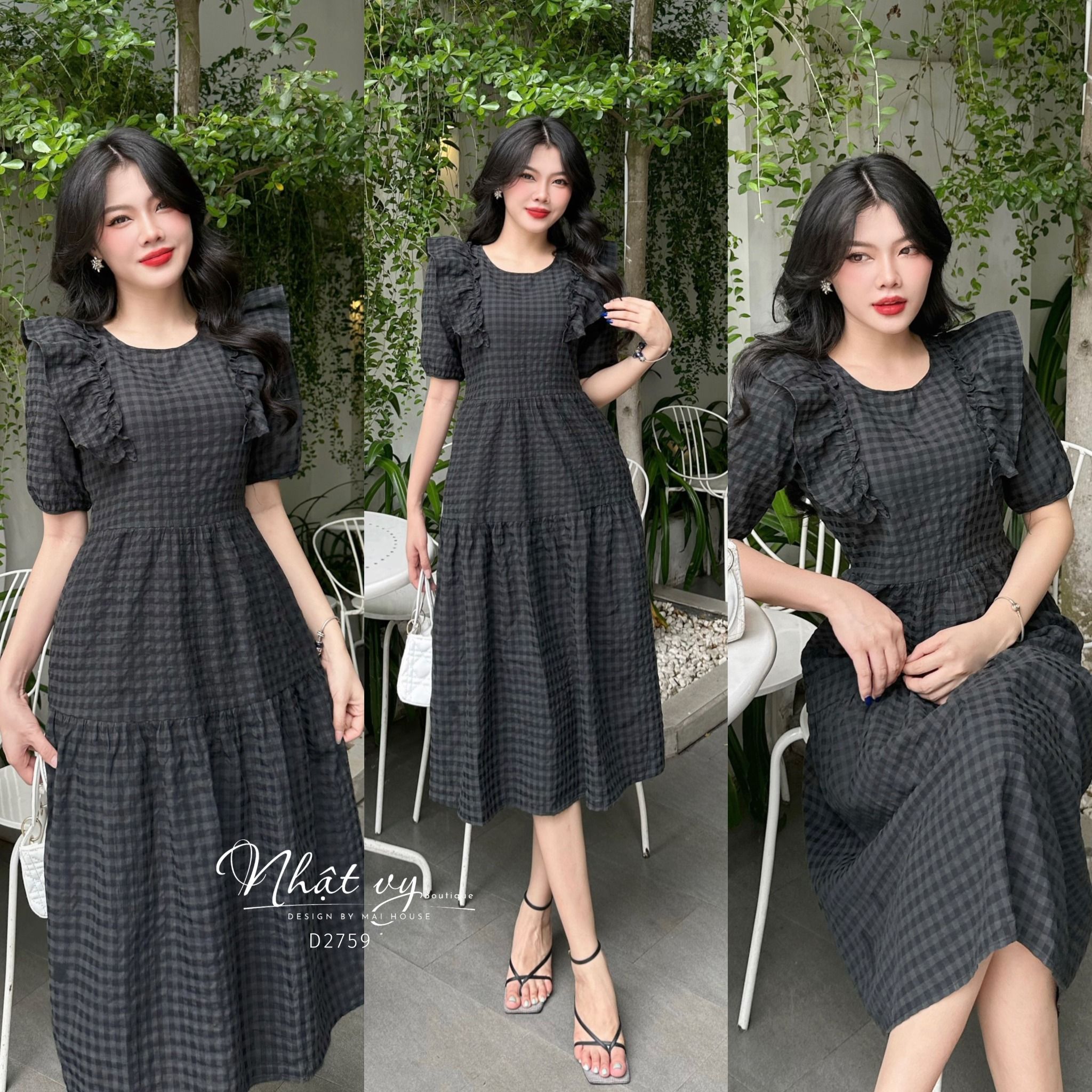 Đầm babydoll cổ tròn phối bèo tay lửng - D2759