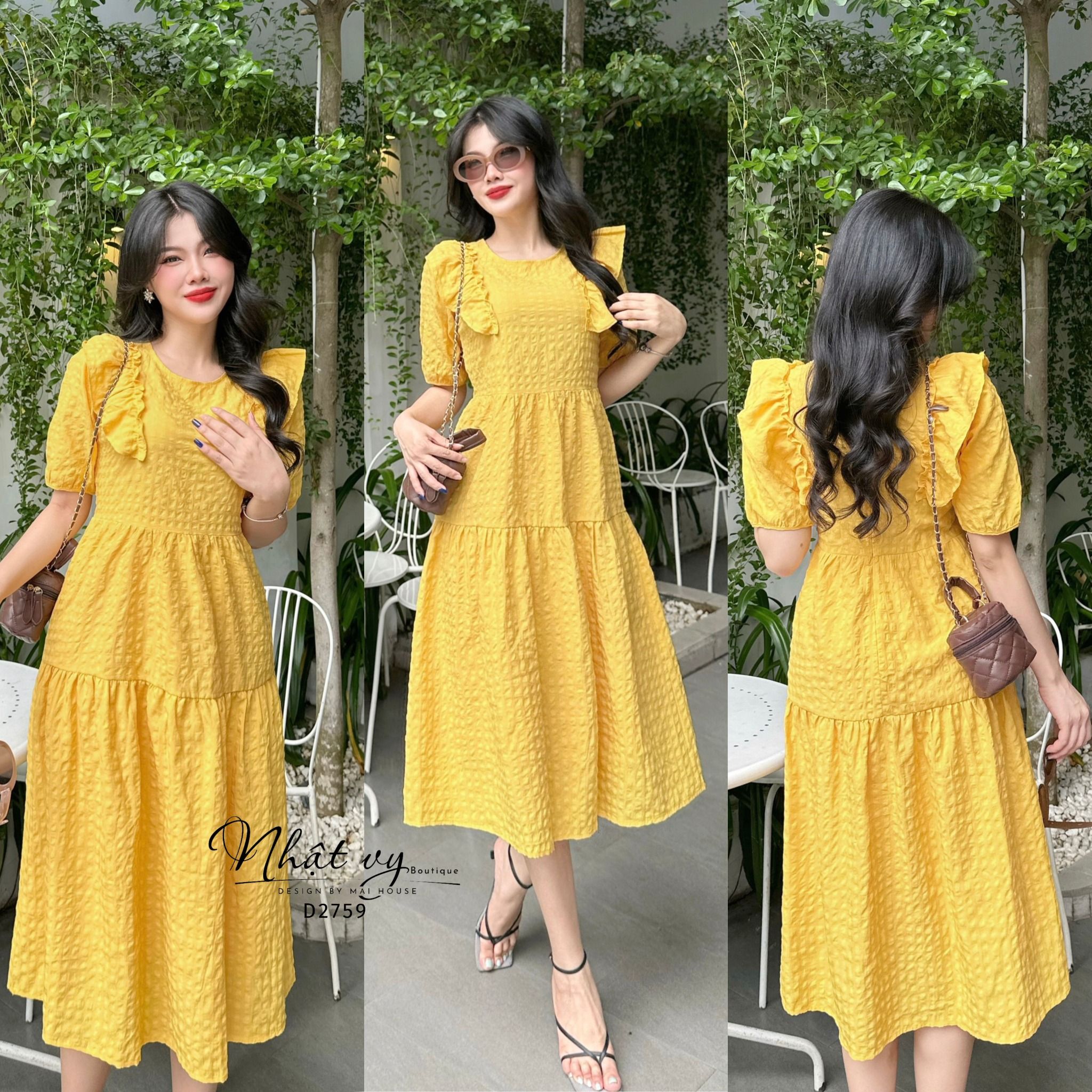 Đầm babydoll cổ tròn phối bèo tay lửng - D2759