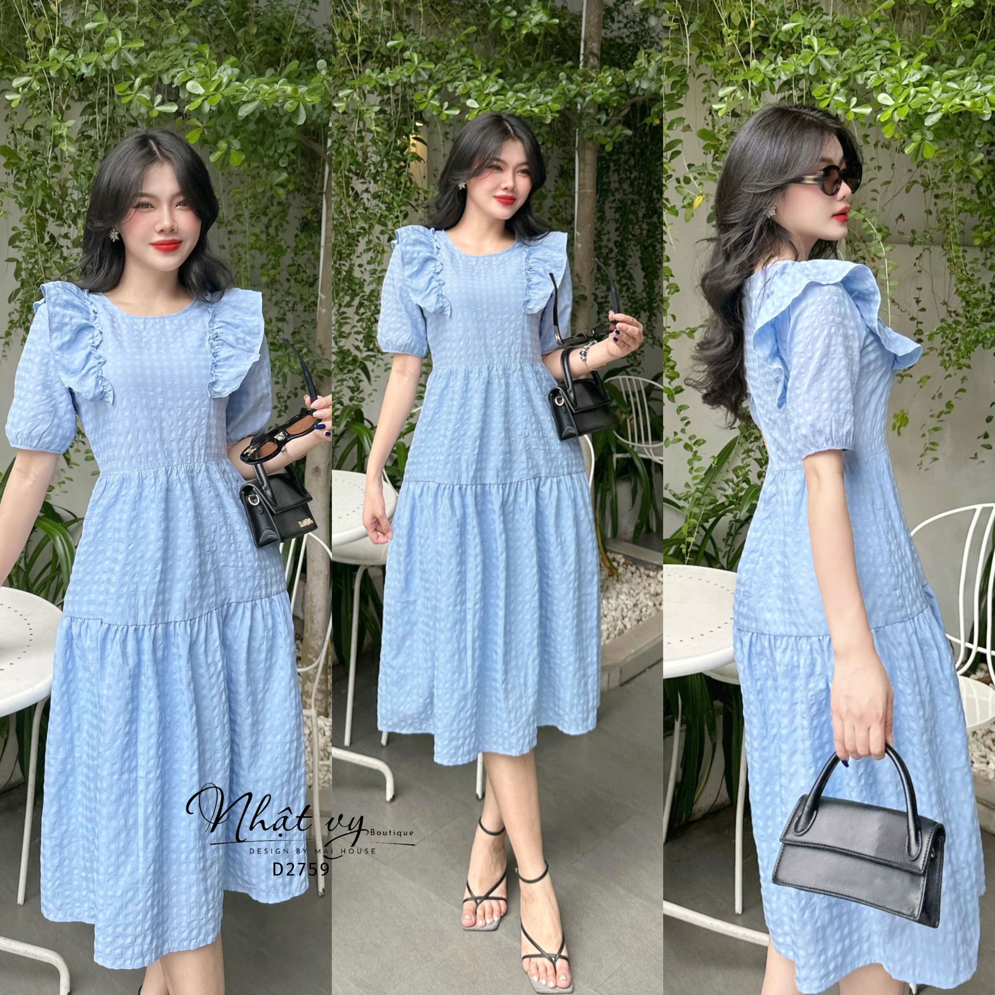 Đầm babydoll cổ tròn phối bèo tay lửng - D2759