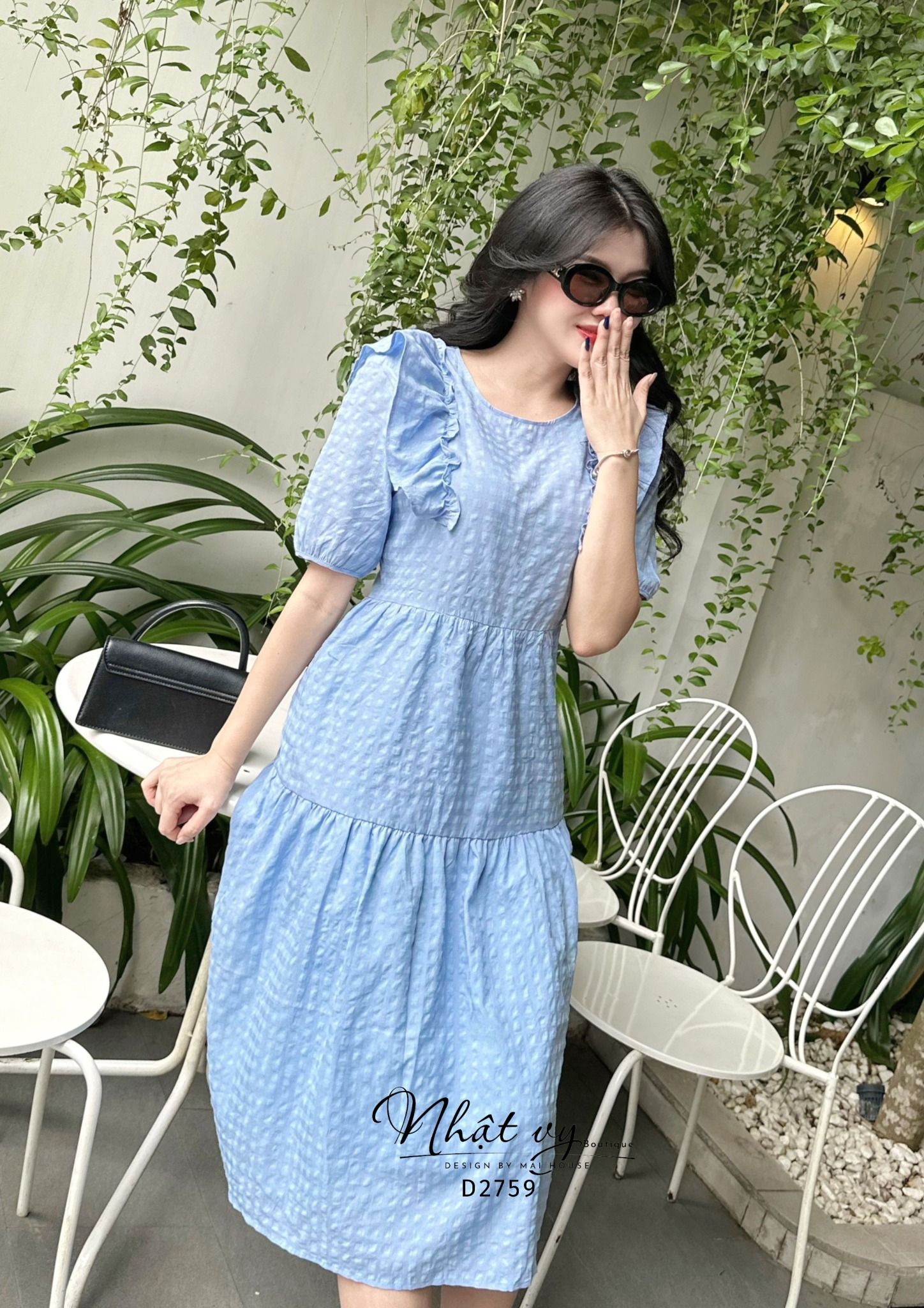 Đầm babydoll cổ tròn phối bèo tay lửng - D2759