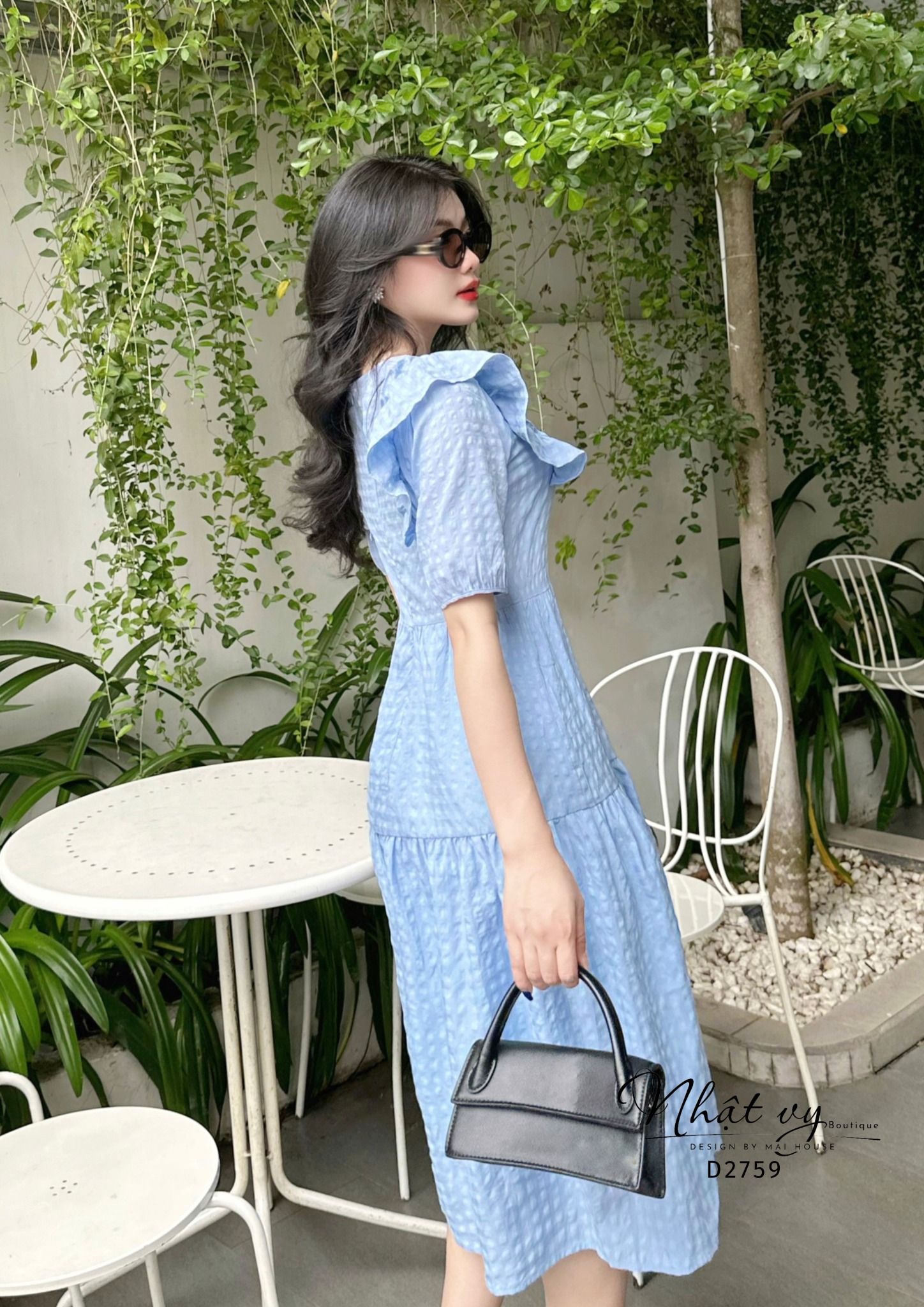Đầm babydoll cổ tròn phối bèo tay lửng - D2759