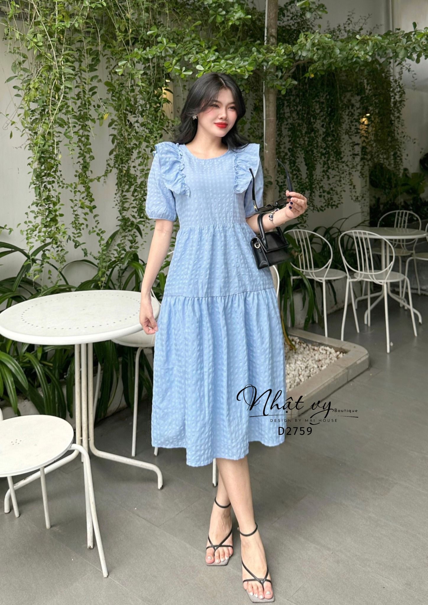 Đầm babydoll cổ tròn phối bèo tay lửng - D2759