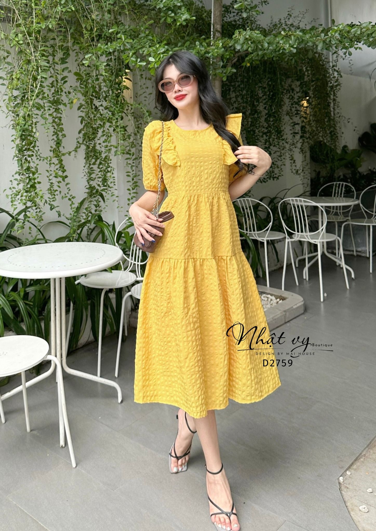 Đầm babydoll cổ tròn phối bèo tay lửng - D2759