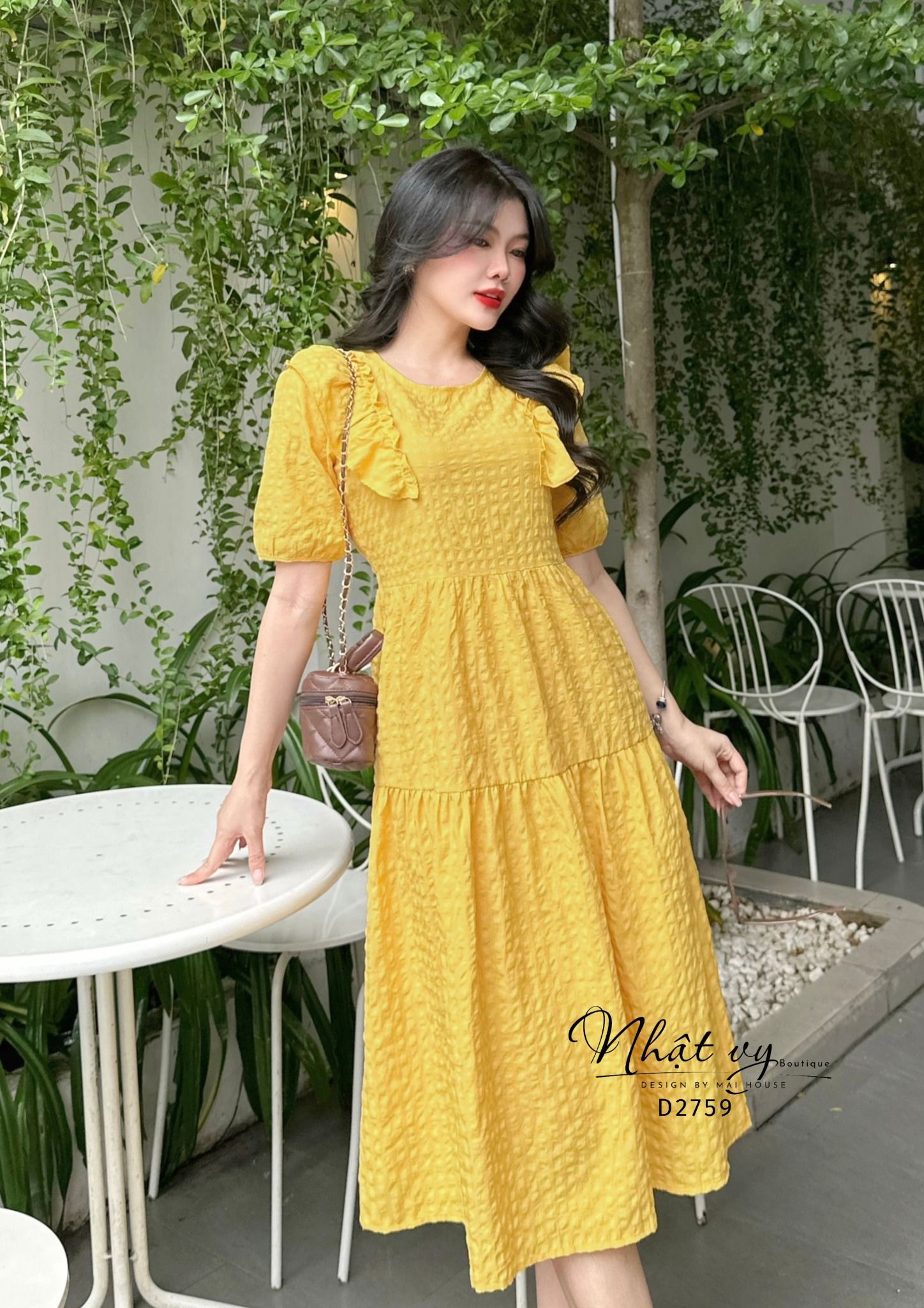 Đầm babydoll cổ tròn phối bèo tay lửng - D2759