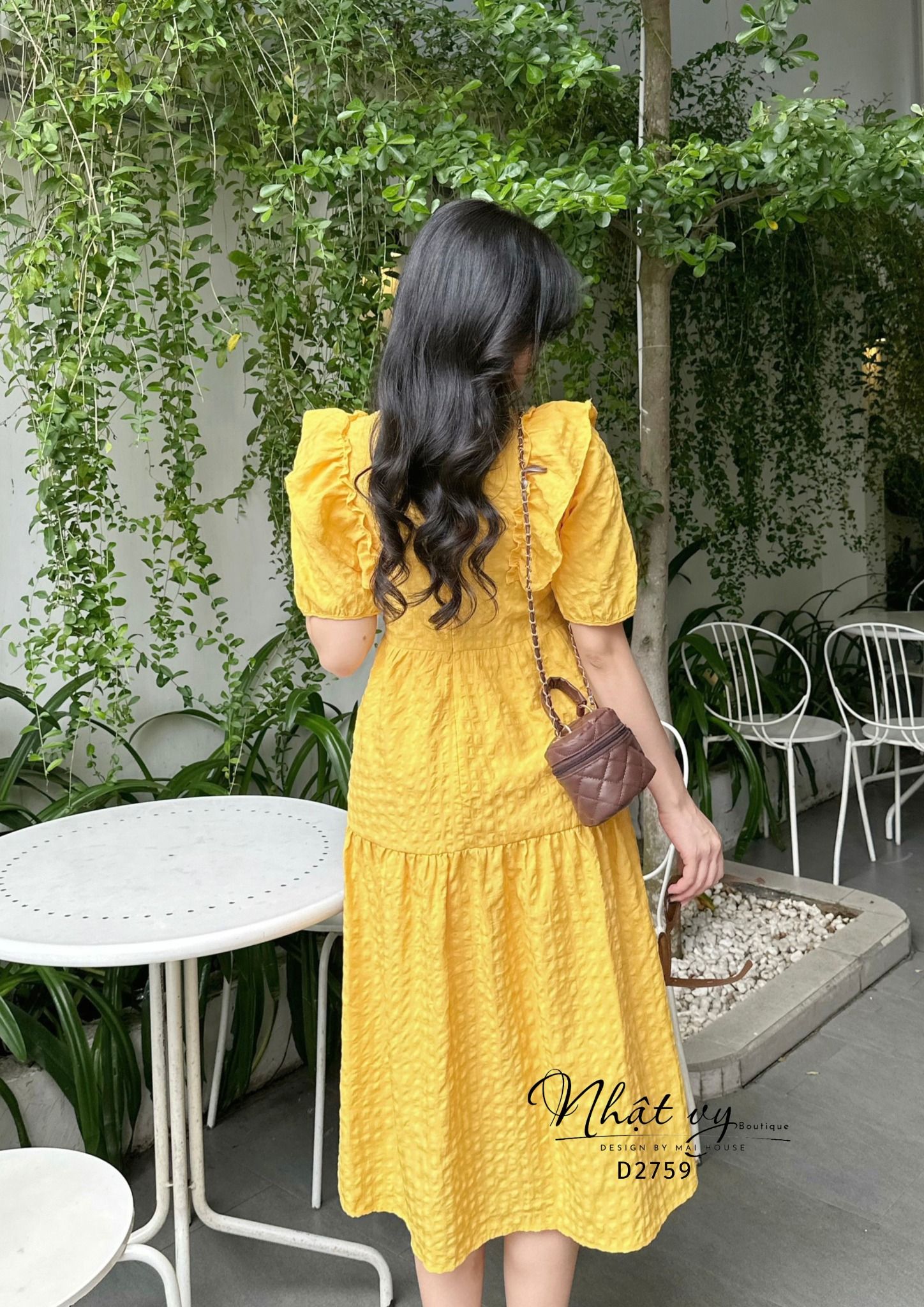 Đầm babydoll cổ tròn phối bèo tay lửng - D2759