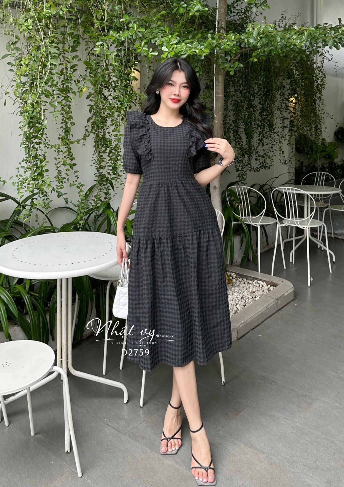 Đầm babydoll cổ tròn phối bèo tay lửng - D2759