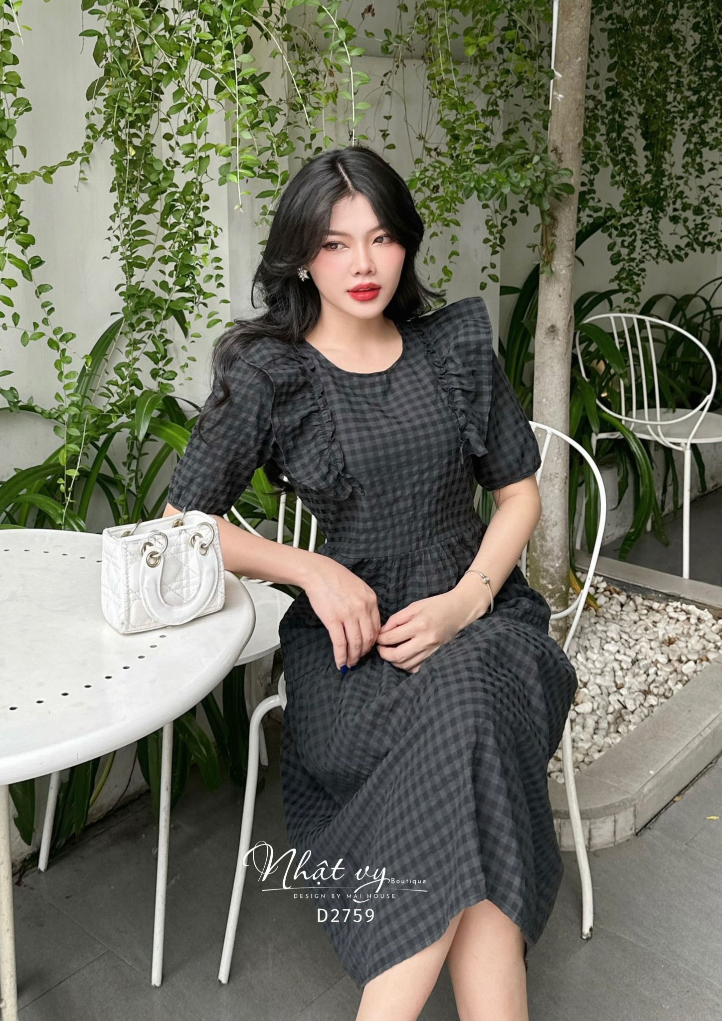 Đầm babydoll cổ tròn phối bèo tay lửng - D2759