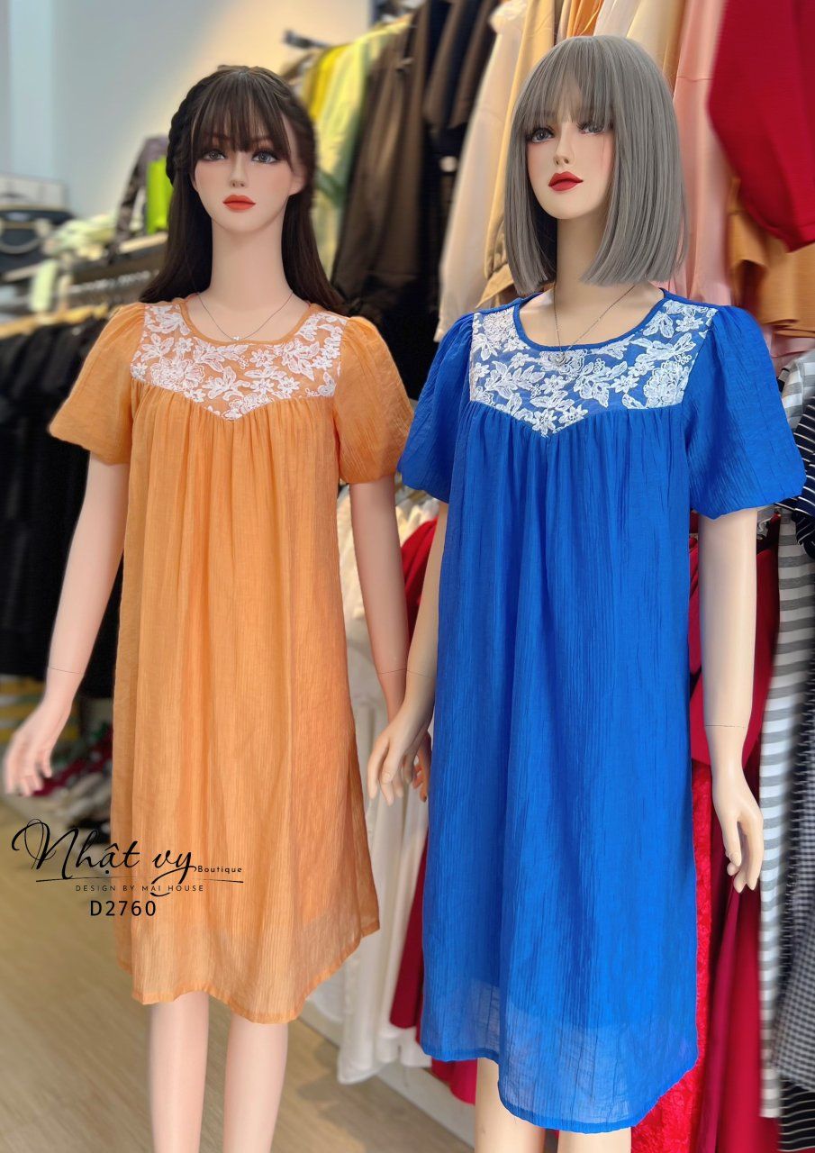 Đầm dáng suông cổ tròn phối ren tay bí - D2760