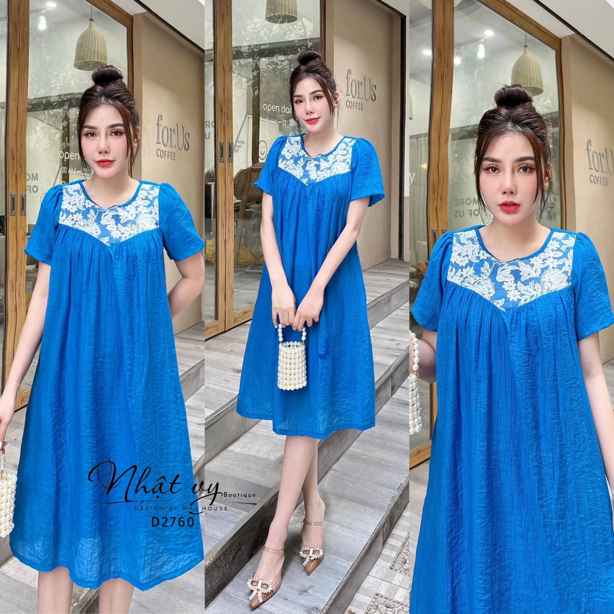 Đầm dáng suông cổ tròn phối ren tay bí - D2760