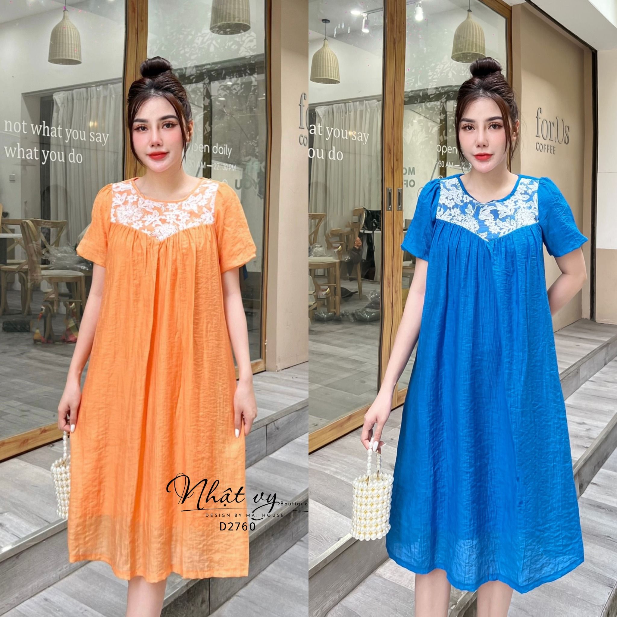 Đầm dáng suông cổ tròn phối ren tay bí - D2760