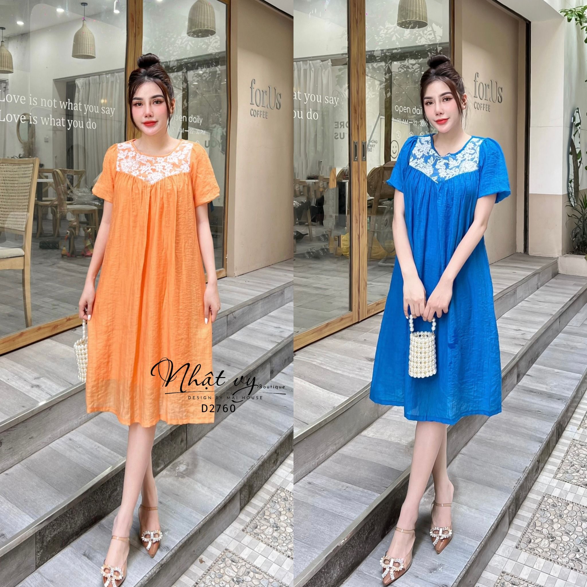 Đầm dáng suông cổ tròn phối ren tay bí - D2760
